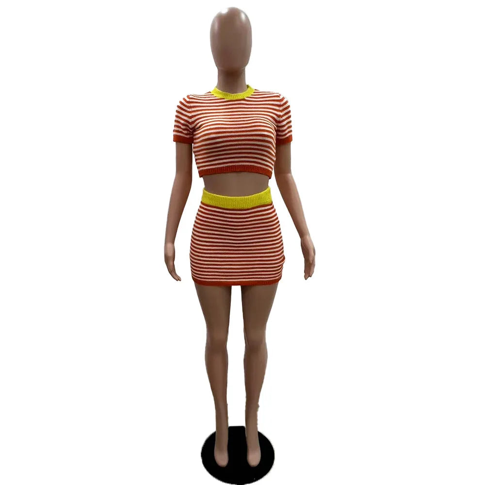 Weird Puss Crochet Stripe 2 Piece Set Women o-Neck Short Sleeve Crop Tops+Contrast Skinny Skirts Hottie Vacation Casual Outfits