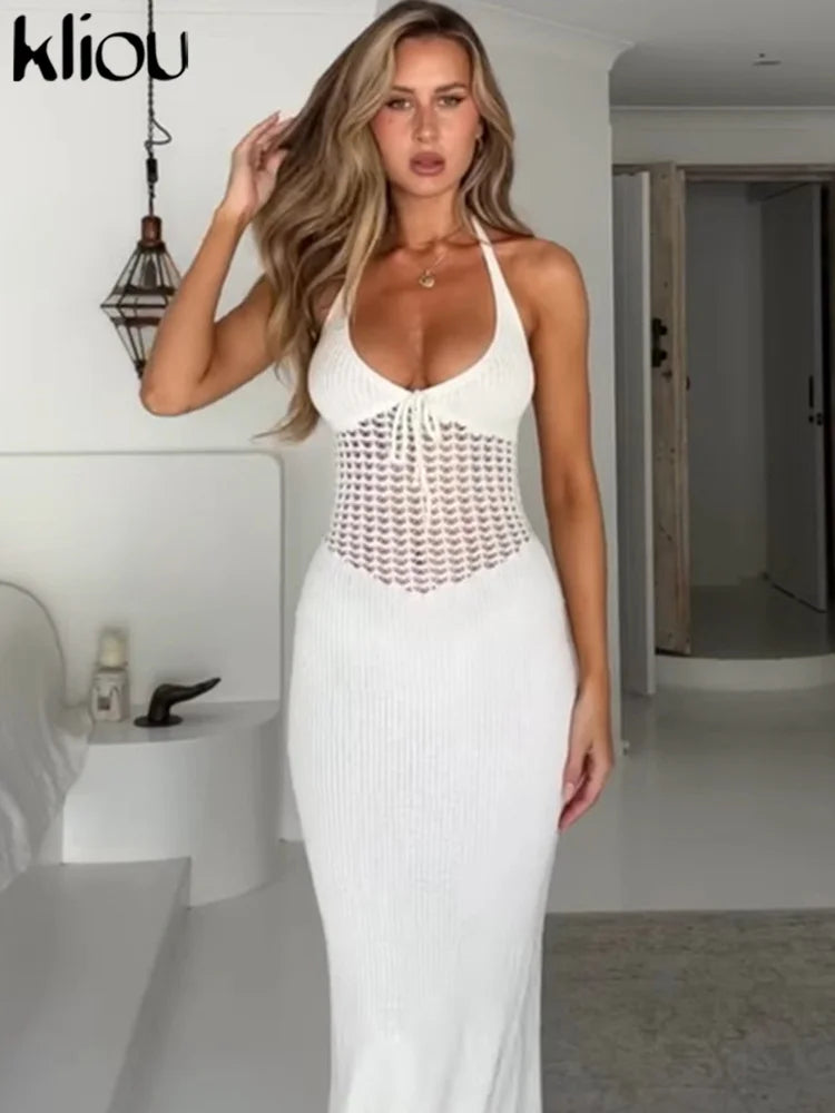 kliou Crochet Halter Dress Women See Through Bandage Sleeveless Backless Sheath Low Neck Vestidos Concise Solid Girls Streetwear
