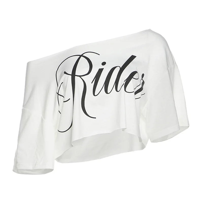 HLJ&GG Y2K Fashion Letter One Shoulder Crop Top Two Piece Sets Women Loose Tshirts And Tiger Shorts Outfits Summer Streetwear