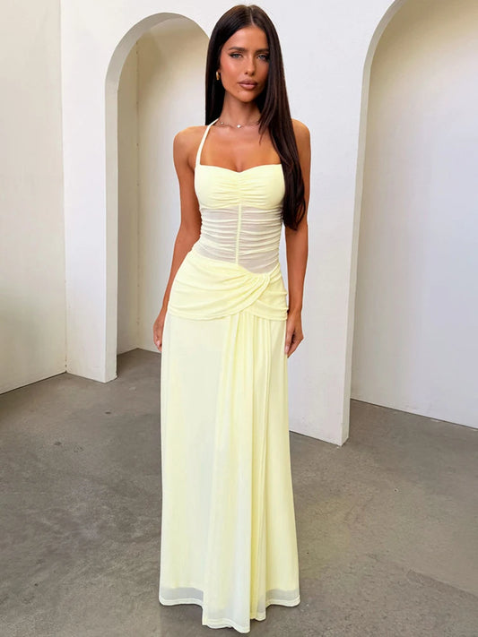 Mozision Halterneck Mesh Backless Sexy Maxi Dress Women Elegant Off-shoulder Sleeveless Bodycon Ruched Club Party Long Dress