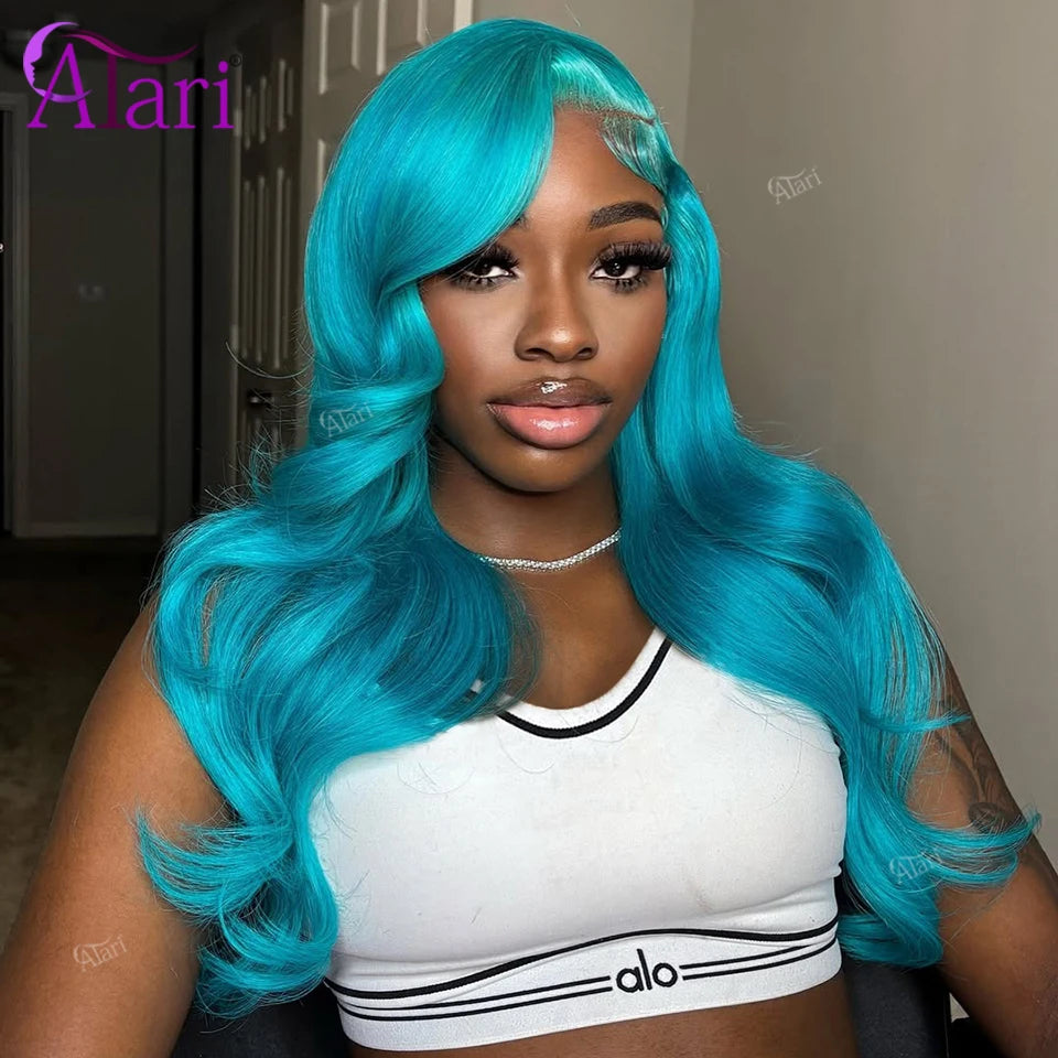 13x6 Lace Front Sapphire Blue Human Hair Body Wave Wigs Light Blue Transparent 13x4 Lace Frontal 613 Colored Wig Pre Plucked