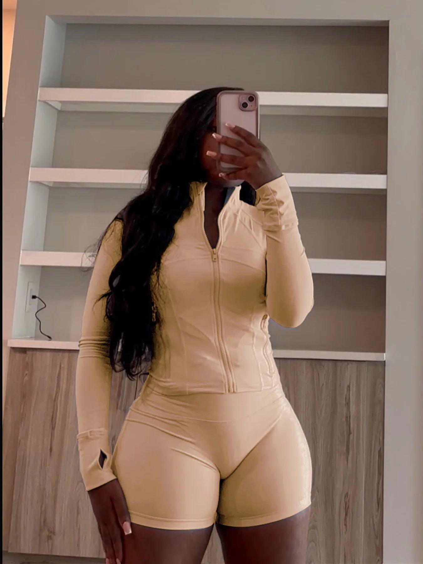 HLJ&GG Casual Sporty Skinny Shorts Two Piece Sets Women Zip Long Sleeve Slim Top + Shorts Outfits Summer New Stretchy Tracksuits