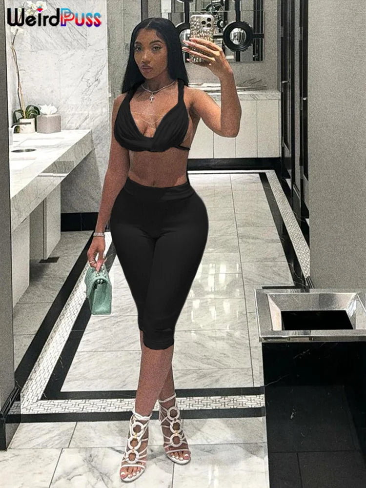 Weird Puss Sexy Women 2 Piece Set Summer Trend Mesh Thin Whip Halter Tank Tops+Wide Waist Shorts Matching Street Club Outfits