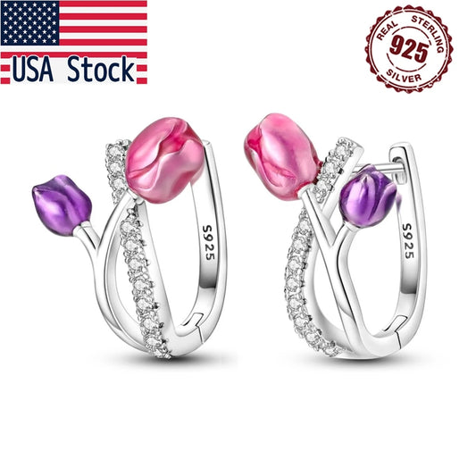 Orstarry 925 Sterling Silver Sparkling Tulip Flower Earrings Jewelry Hoop Earrings For Women Jewelry Birthday Party Trendy Gifts