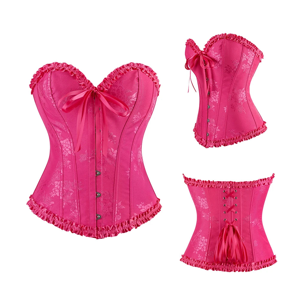 Women Floral Overbust Corset Waist Bustier Top Black White Red Blue Korset Shaper