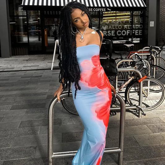 Fashion Elegant Sleeveless Print Long Dress Women's Sexy Backless Strapless Bodycon Maxi Dresses Summer Beach Holiday Long Robe