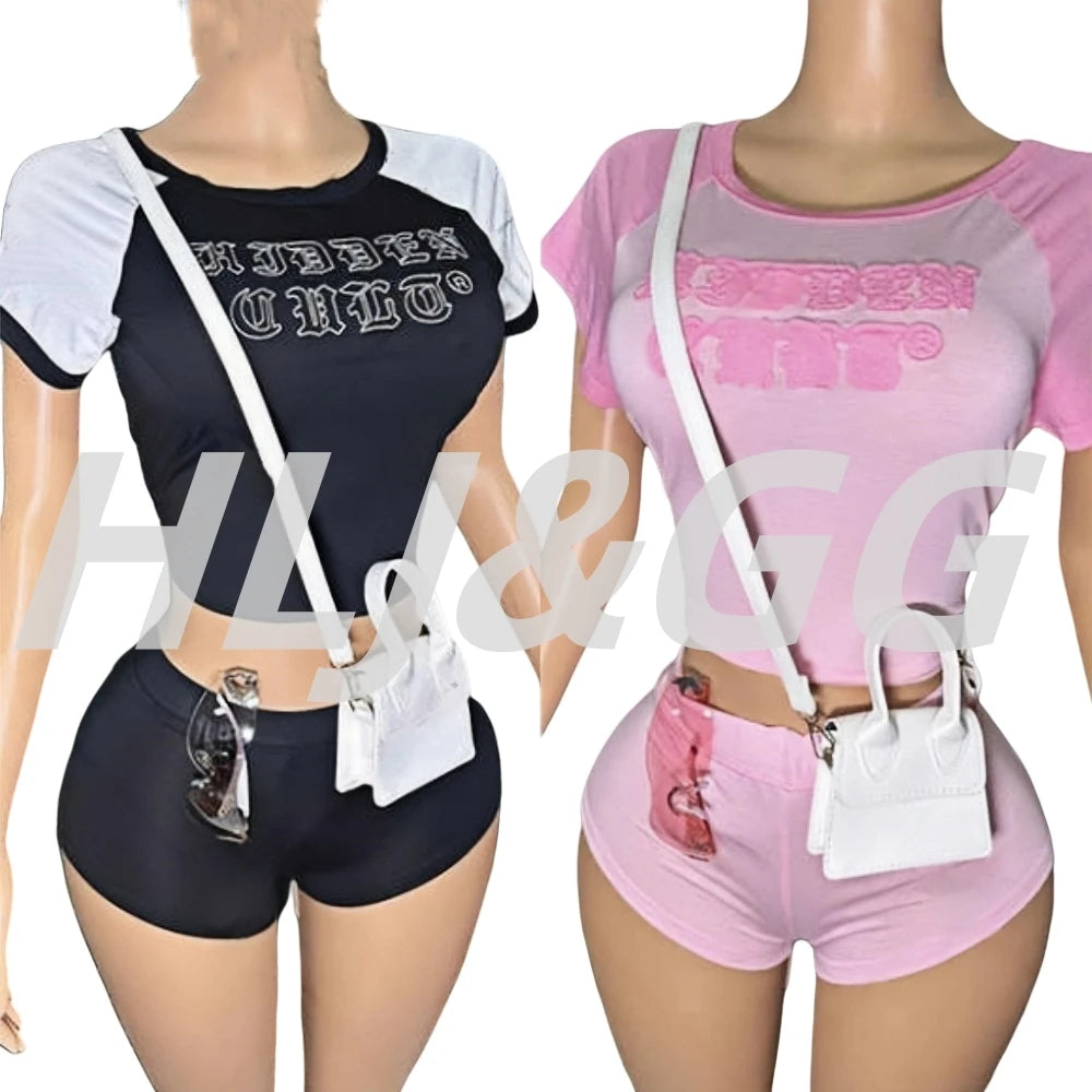 HLJ&GG Fashion Letter Y2K Shorts Two Piece Sets Women Round Neck Slim Crop Top And Shorts Outfits Summer New Hot Girl Streetwear