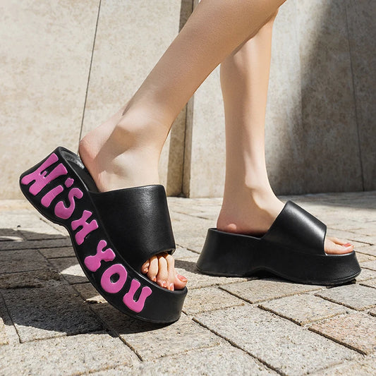 Summer Letter Printed Wedge Slippers Women Fashion Chunky Platform Sandals Woman Outdoor Non Slip Cloud Slides Shoes Female