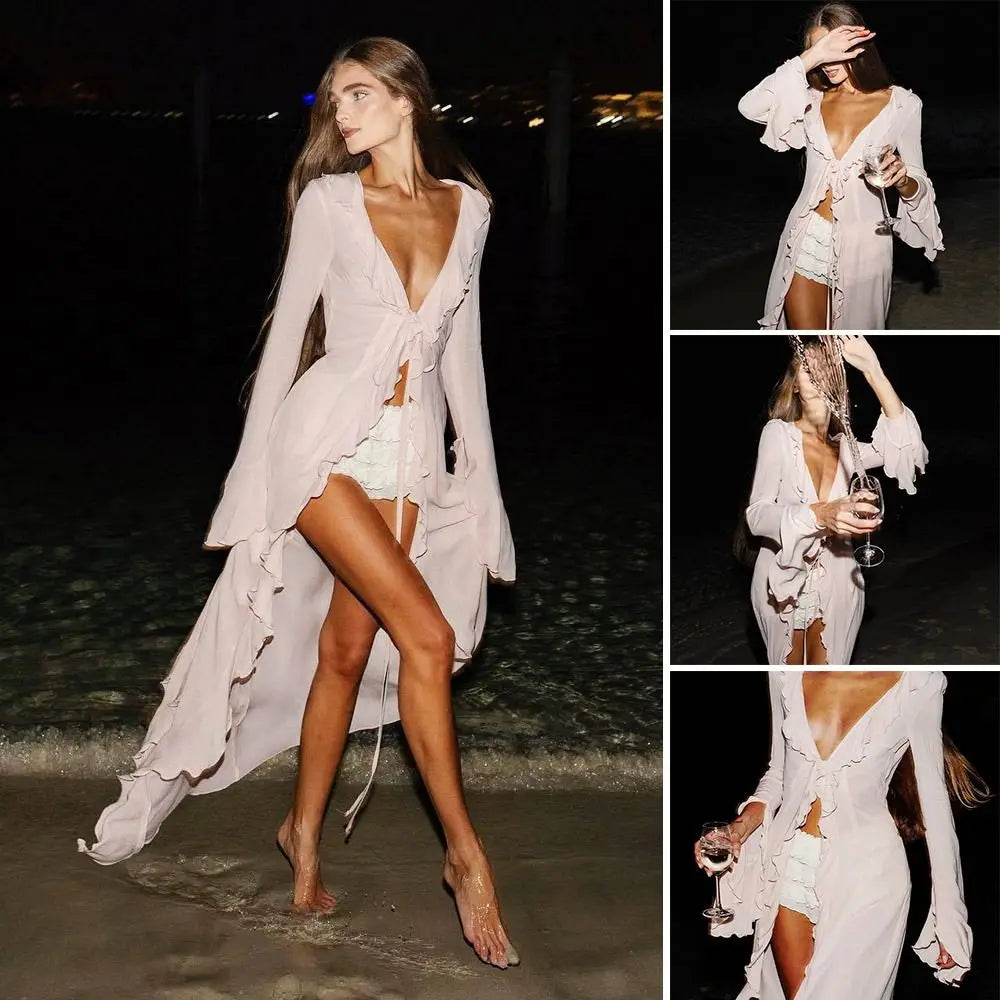 Fashion V Neck Summer Beach Cover Up Ruffled Loose Beach Dress Long Sleeve Vacation Swimsuit Cover Up Dress for Women