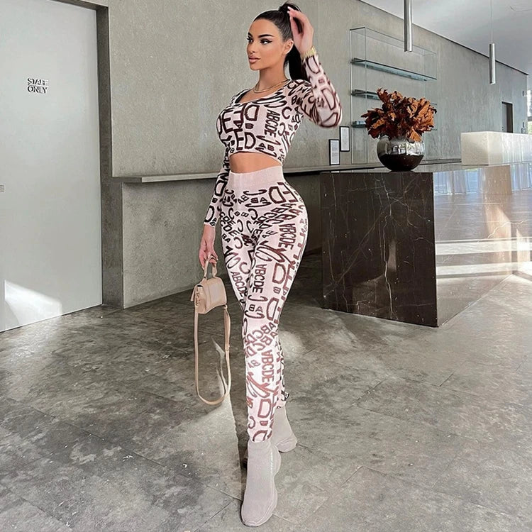 STYLISH LADY Letter Printed Sporty 2 Piece Set Women Long Sleeve Crop Top and Skinny Pant Suits 2025 Summer Sexy Street Outfits