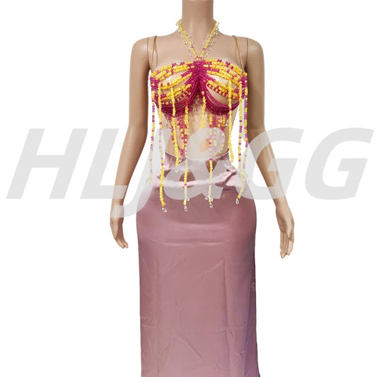 HLJ&GG Sexy Rhinestone Beads Halter Hollow Two Piece Sets Women Sleeveless Backless Top + Satin Skinny Skirts Outfits Streetwear