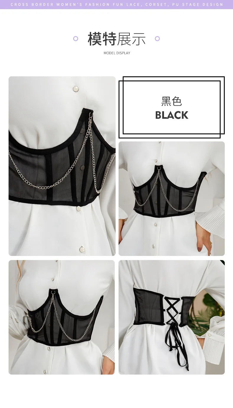 Sexy Corset Underbust Punk Metal Chain Black Women Top Curve Shaper Strap Slimming High Waist Belt Lace Green Corset