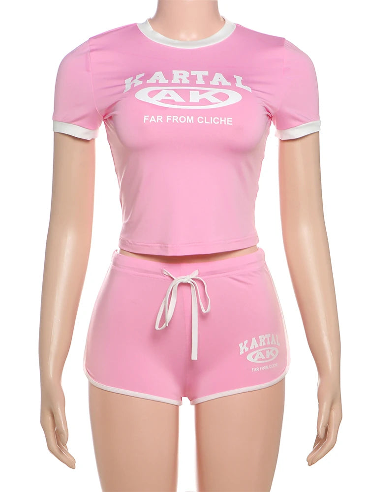 Weird Puss Letter Print 2piece Set Women Tracksuit Activity Shorts Sleeve Crop Tops+Biker Shorts Matching Street Stretch Suits