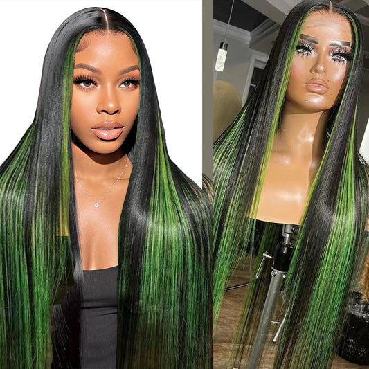 13x4 Ombre Black And Green Straight Lace Frontal Wigs Human Hair 13x6 1B/Green Lace Front Wig Human Hair Pre Plucked Wigs
