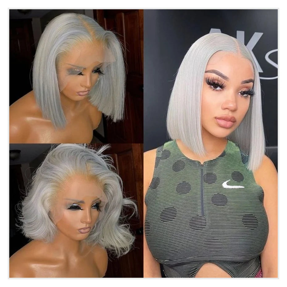 Sliver Grey Short Bob Human Hair Wigs 13x6 613 Blonde Bob Wig Transparent Lace Frontal Wig Bone Straight Brazilian Remy Hair Wig