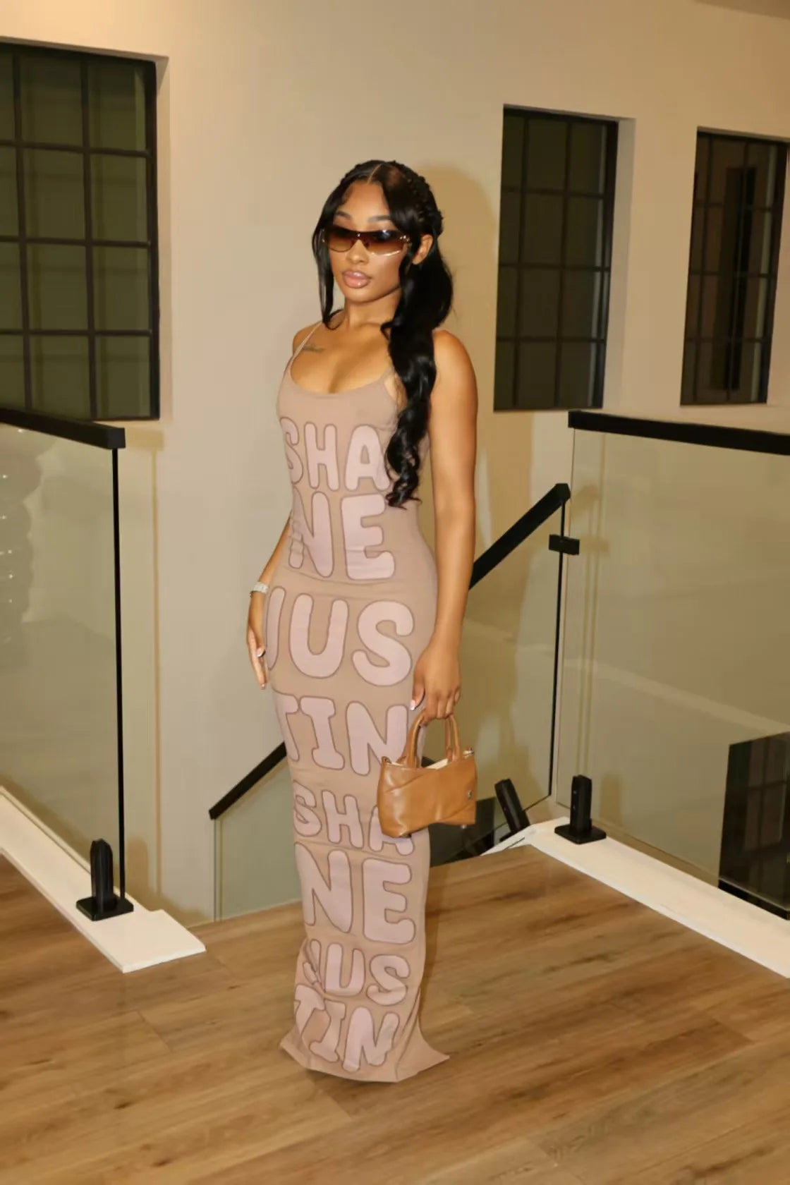 HLJ&GG Summer New Letter Print Bodycon Spaghetti Strap Long Dresses Women Sleeveless Backless Slim Vestidos Fashion Streetwear