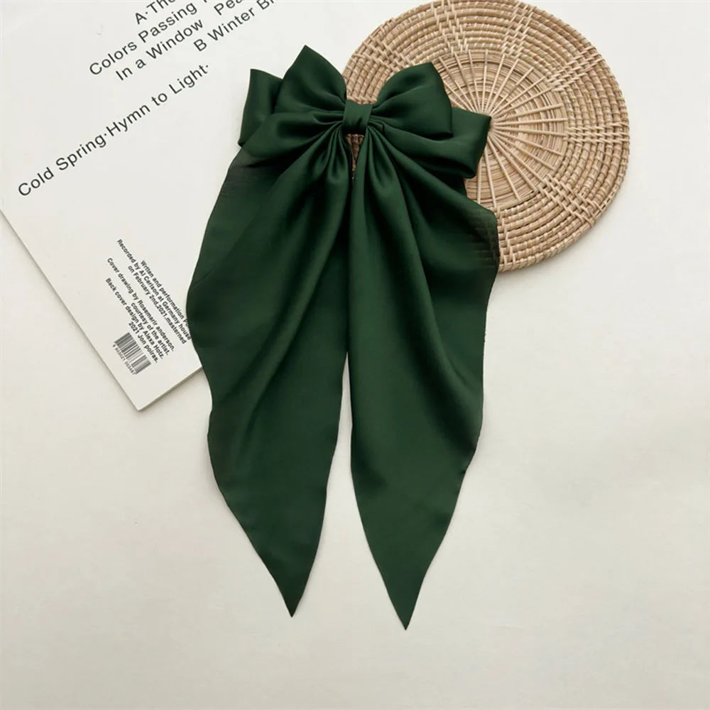Ladies Satin Large White pink Red Blue Black Ribbon bow Oversized bow Long tail hair clip spring clip ponytail Hair accessorie