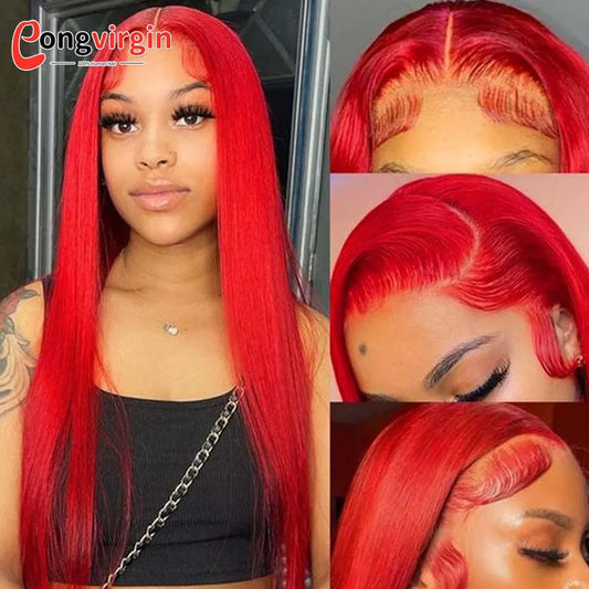 250% Hot Red 360 Full Lace Wig Human Hair Pre Plucked Hd Transparent Lace Front Wig 99J Bone Straight Lace Frontal Wig For Women