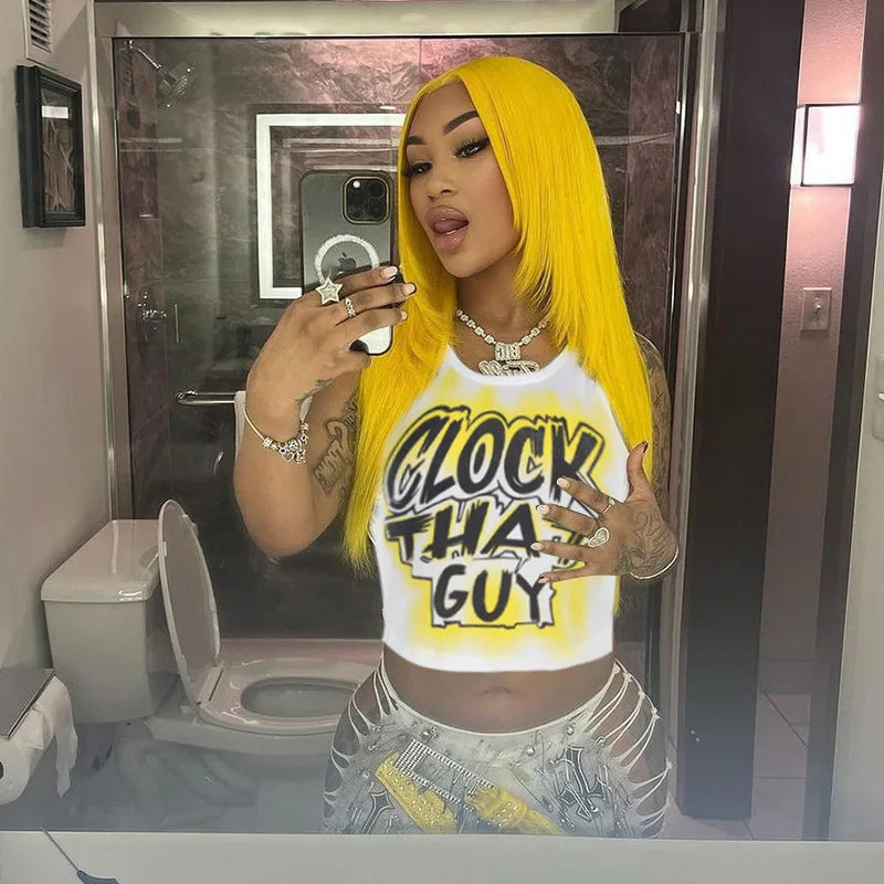 HLJ&GG Y2K Sexy Letter Print Slim Tank Top Women Round Neck Sleeveless Crop Tops Fashion Summer New Trend Clothing Streetwear