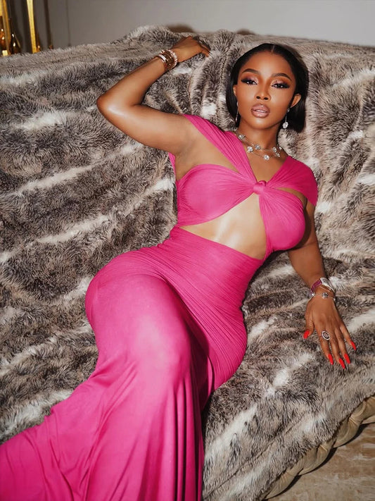 Weird Puss Sexy Hollow Maxi Dress Women V-Neck Off Shoulder Ruched Skinny Peach Hip Midnight Fashion Prom Party Elegant Vestidos