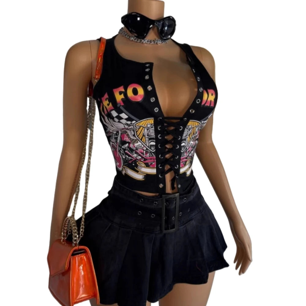 HLJ&GG Black Sexy Hot Girl Hollow Bandage Two Piece Sets Women Deep V Sleeveless Tank Top+Pleated Mini Skirts Outfits Streetwear
