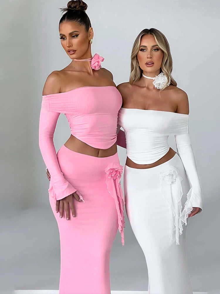 Dulzura Matching Suit Neck Accessories 3D Flower Off Shoulder Long Trumpet Sleeves Crop Top Tassel Maxi Skirt 2024 Autumn Women