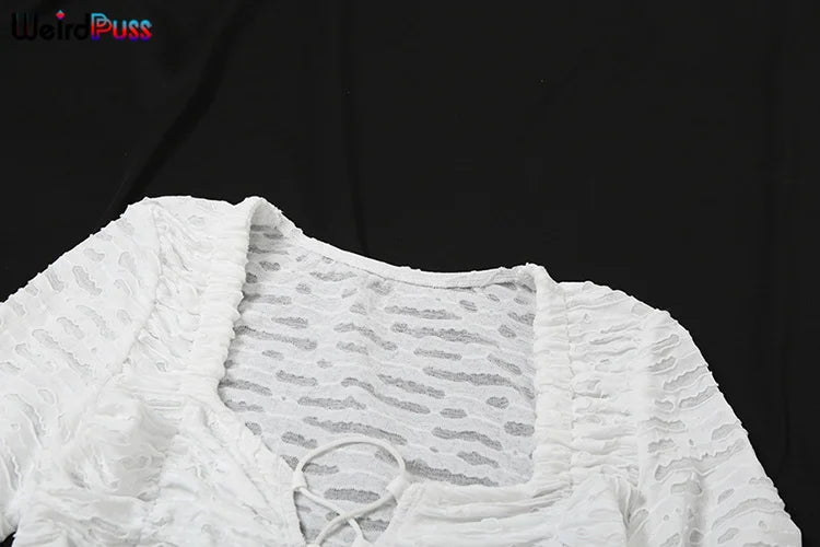 Weird Puss Ripped Chic Crop Tops Women Autumn Elegant Shirring Square Collar Elegant Ruched Full Sleeve Solid Streetwear Tees