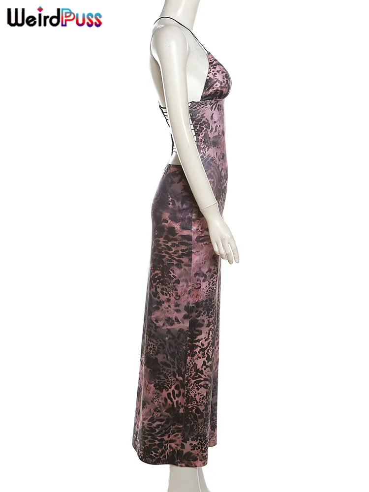 Weird Puss Chic Butterfly Women Maxi Dress Print Backless Spaghetti Straps V Neck Halter Bodycon Hot Girls Club Party Vestidos