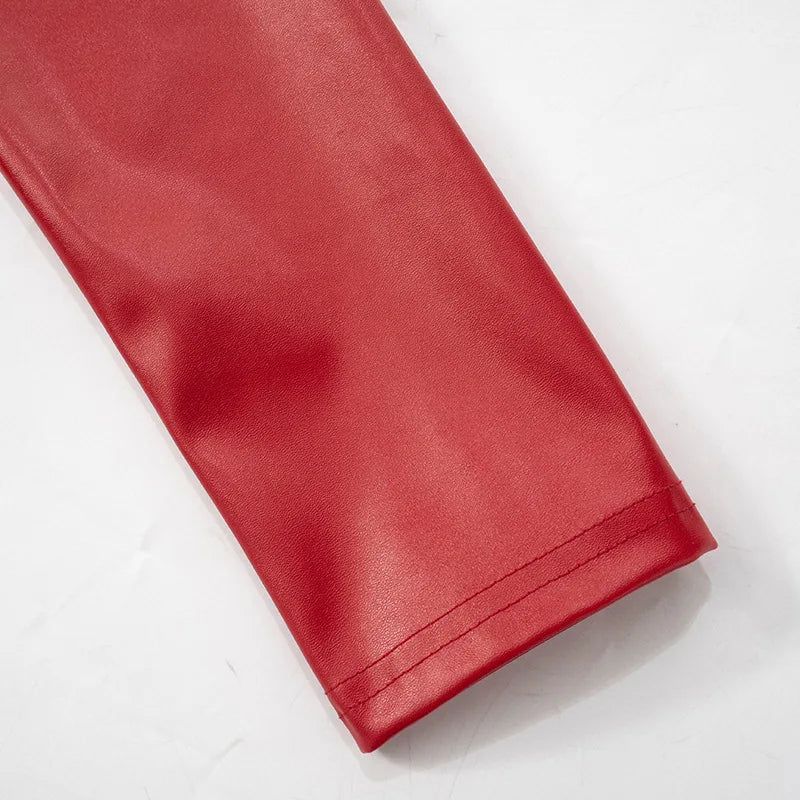HLJ&GG Red Fashion Leather Puffy Mini Skirts Two Piece Sets Women Zip Long Sleeve Jacket And Skirts Outfit Y2K Female Streetwear