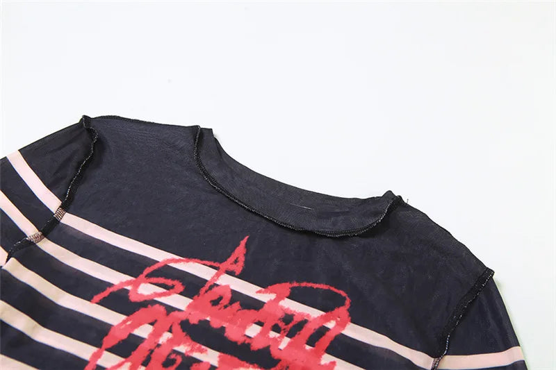 HLJ&GG Y2K Sexy Stripe Letter See Though Two Piece Sets Women Long Sleeve Slim Top And Mini Leather Skirts Outfits Streetwear