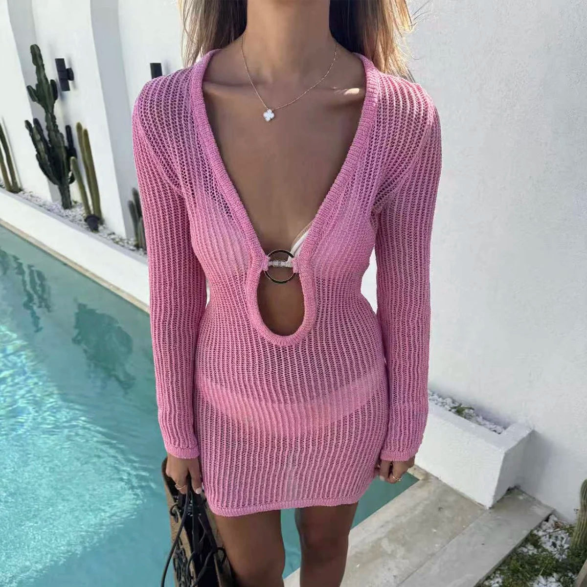 Women's Casual Knit Short Dress, Long Sleeve Hollow Out Texture Beach Cover-Up Dress, Plain Fitted Design, Perfect for Summer