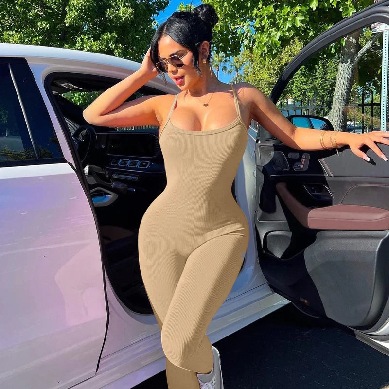 Hugcitar 2024 Fashion Ribbed Solid Slips Backless Sexy Skinny One Piece Jumpsuit Women Y2K Romper Vacation Sport Overalls