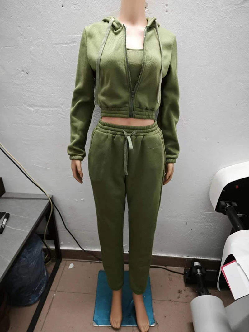 STYLISH LADY Fleece Sporty 3 Piece Set Women Outfits 2025 Spring Crop Top and Drawstring Pant Suits Casual Workout Tracksuits