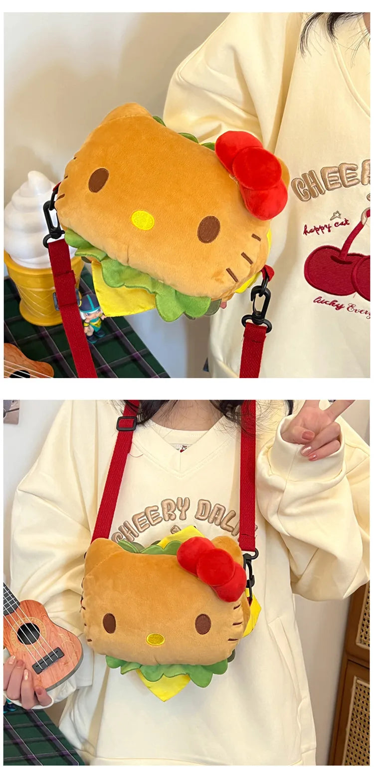 Hello Kitty Kawaii Hamburger Plush Mini Crossbody Bag Adorable Shoulder Purse for Teen Girls Kawaii Fashion Shoulder Bagfor Girl