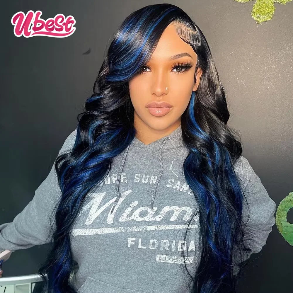 Ubest 34 Inch Highlighs Blue 1B Colored Body Wave Lace Front Human Hair Wigs For Black Women 13x4 Transparent Lace Wig Remy Hair