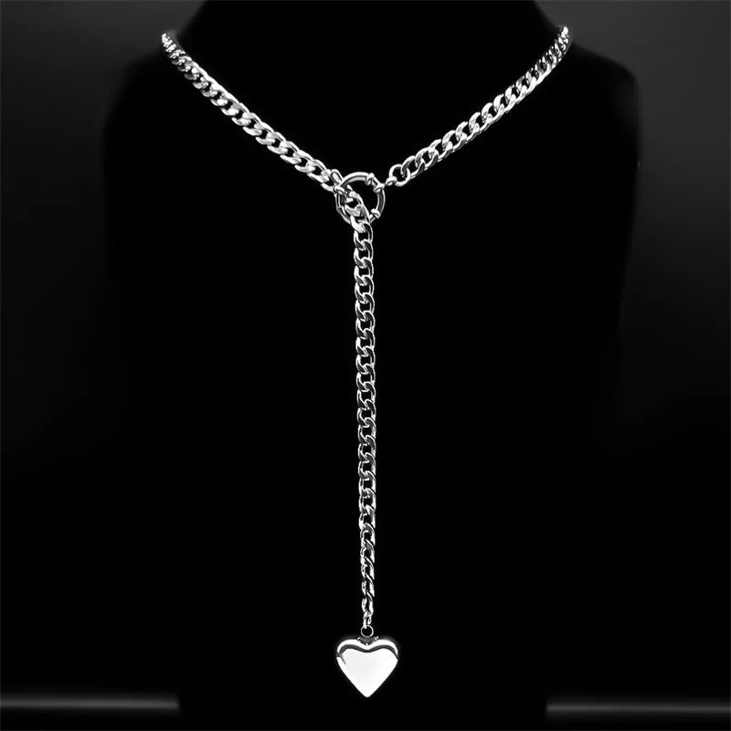 Heart Star O-ring Long Chain For Women Men Punk Rock Necklace Stainless Steel Cuban Necklaces Simple Adjustable Y-Necklace