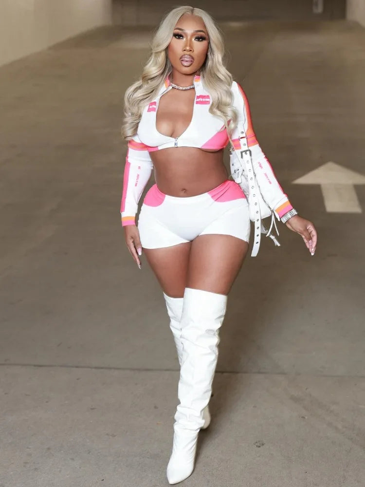 STYLISH LADY Hot Girl 2 Piece Set Women Long Sleeve Crop Top and Shorts Suits 2025 Summer Sexy Club Patchwork Letter Tracksuits