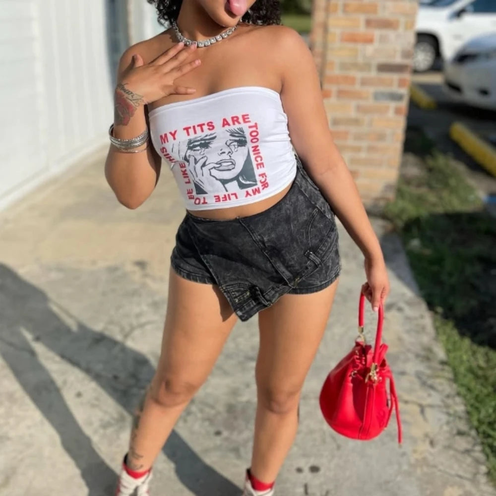 HLJ&GG Y2K Fashion Streetwear Sexy Hot Girl Printing Sleeveless Slim Vest And jeans Shorts Two Piece Sets Summer 2pcs Outfits