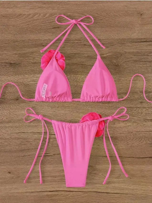 S - L Sexy 3D Flowers Halter Strappy Bikini, Swimwear Swimsuit Two-pieces Bikini Set Bather Bathing Suit Swim