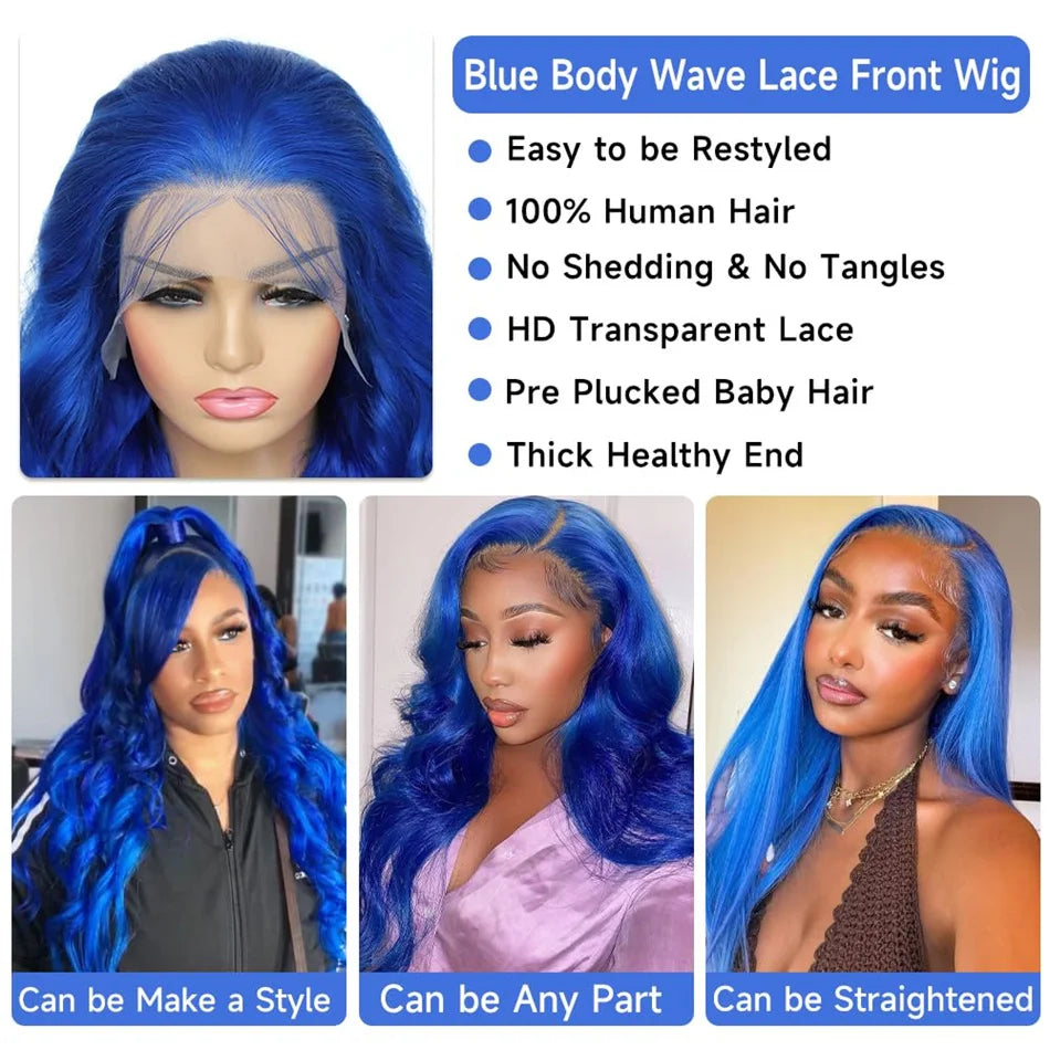 Navy Blue HD 13X6 Body Wave Lace Front Wig Colored Human Hair Wigs Glueless 30 Inch Royal Blue Lace Frontal Wig 100% Human Hair