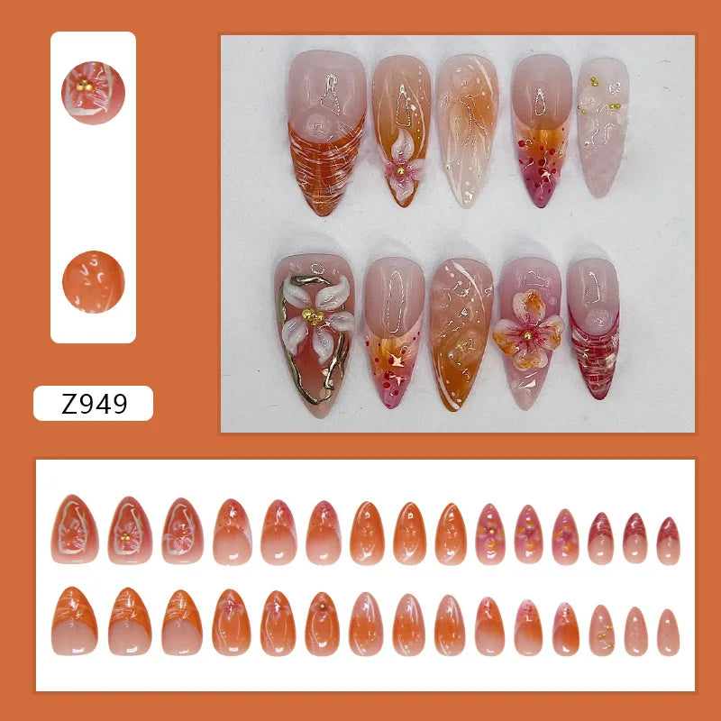 24pcs Short Almond French Press on Nails Ins Flower Design Fake Nail Tips Wearable Full Cover Sweet Korean Cute Fake Nail Patch