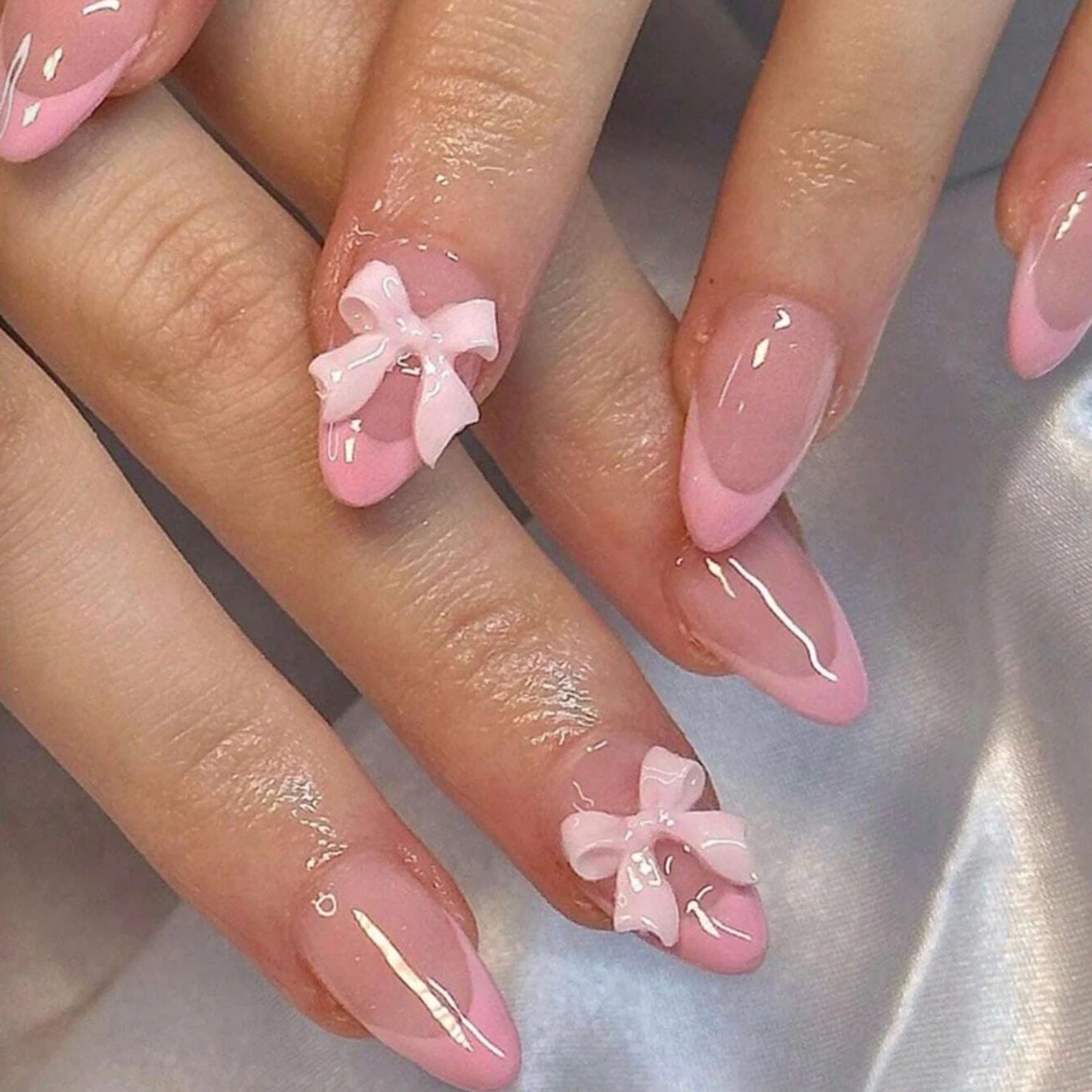 White French Press on Nails 3D Bowknot Fake Nails Tips Full Cover Wearable False Nails for Women and Girls DIY 24Pcs