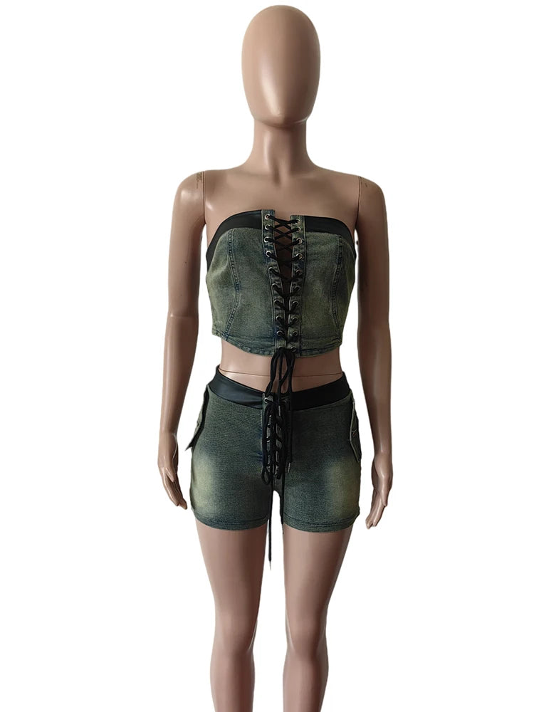 Weird Puss jeans Summer 2 Piece Set Women Leather Edging Vintage Y2K Shirring Strapless Tops+Shorts Hipster Summer Matching Suit