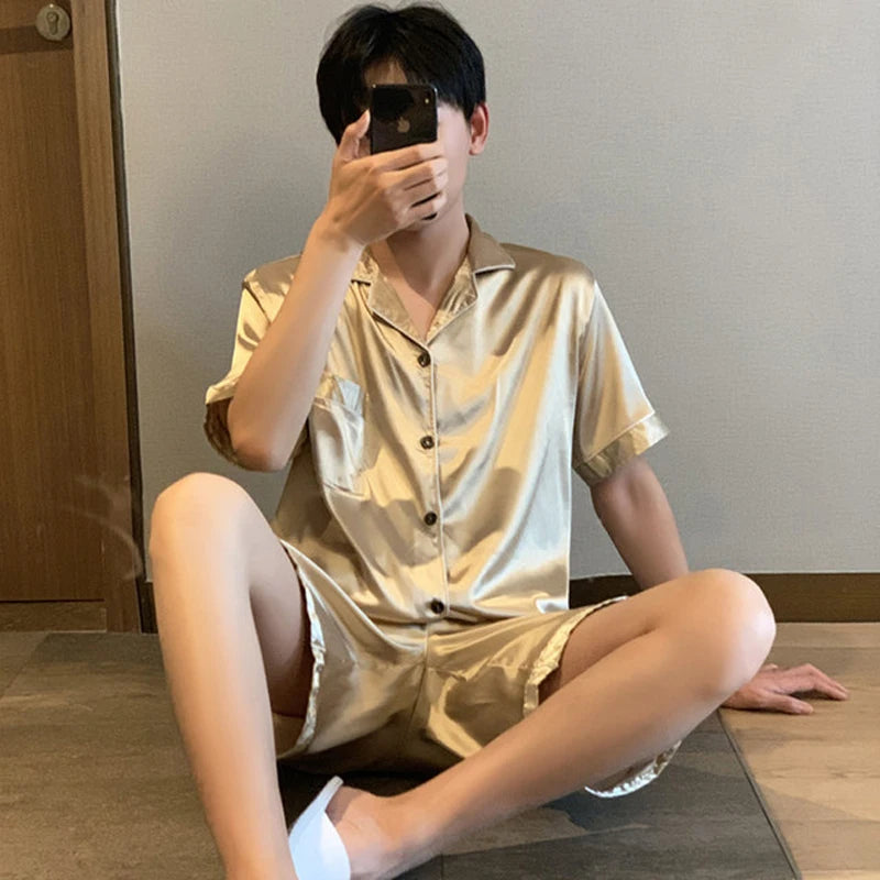 Summer New Pajamas For Man Big Size Satin Mens Pajama Sets Shorts Silk Short Sleeve Sleepwear Home Pijama Night Wear Loungewear
