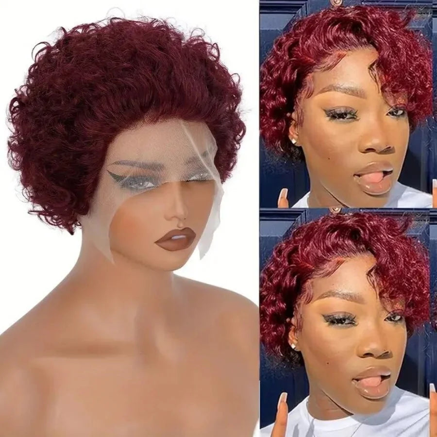 99j Red Short Curly Wigs Pixie Cut Lace Front Wigs 6 inch Human Hair 13X1 Pixie Burgundy Human Hair Wigs For Women Pixie Wig