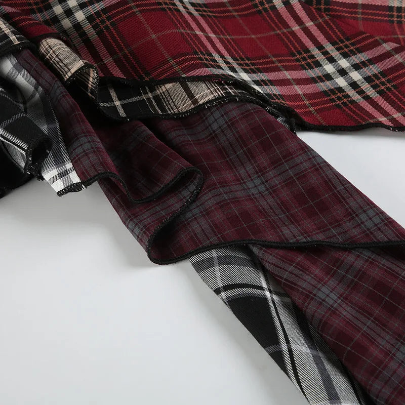 HLJ&GG Fashion Plaid Printing Irregular Mini Skirts Two Piece Sets Women O Neck Short Sleeve Top And Skirts Outfits Streetwear