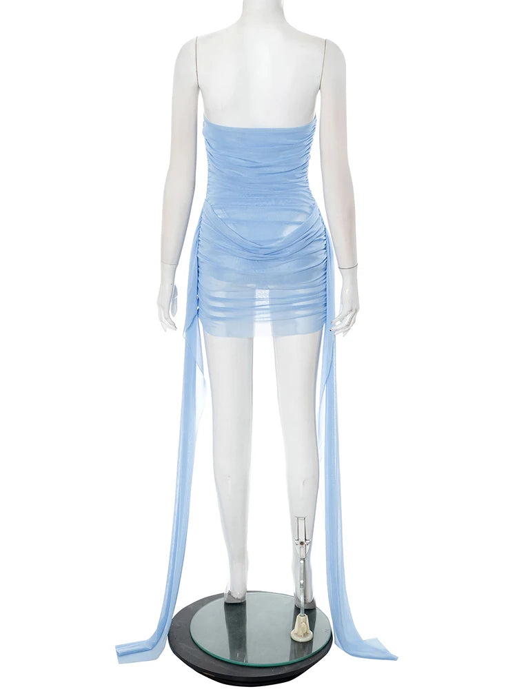 Weird Puss See Through Dress Women Backless Sleeveless Tassel Double Deck Pleated Sexy Midnight Clubwear Party Mini Bodycon