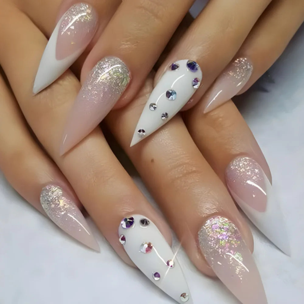 24pcs White French False Nails y2k White Star Ballerina Coffin Press on Nails Detchable Full Cover Fake Nails Tips For Girls