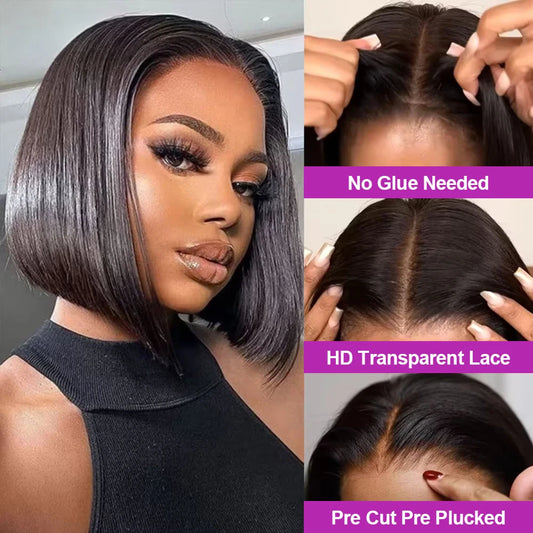 Short Bob Wigs Bone Straight 13x4 13x6 Hd Lace Front Wig Pre Cut 7x5 Glueless Wig Human Hair Ready to Wear And Go 250% Density
