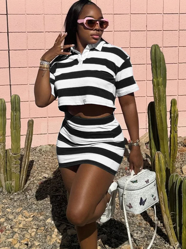 Kricesseen Women's Striped Skirt Set Two-Piece Dress Girls Short Sleeve Shirt Top And Matching Set Sporty Overalls Active Wear